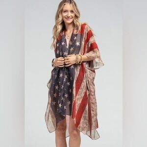 Ruggine American Flag Print 4th July Sheer Kimono Side Slits One Size